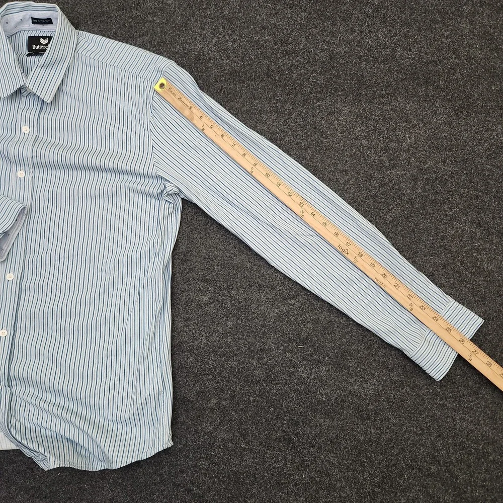 Buttercloth Mens Large Blue White Striped Icy Cotton Regular Fit Button Up Shirt